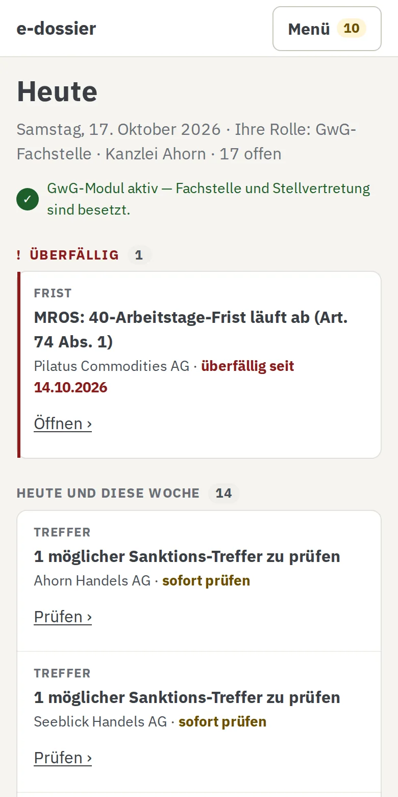 Startseite Heute am Handy mit erfundenen Testdaten: überfällige MROS-Frist und mögliche Sanktions-Treffer