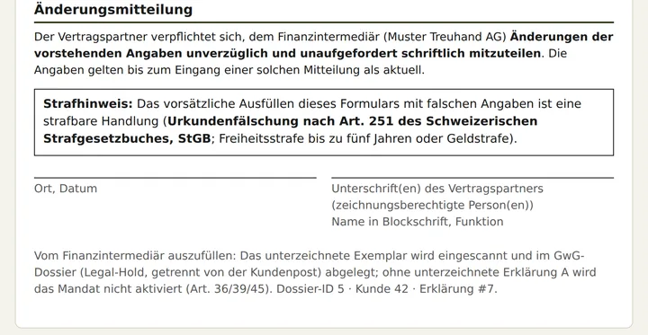 Ausschnitt der vorbefüllten Erklärung mit Änderungsmitteilung und Strafhinweis