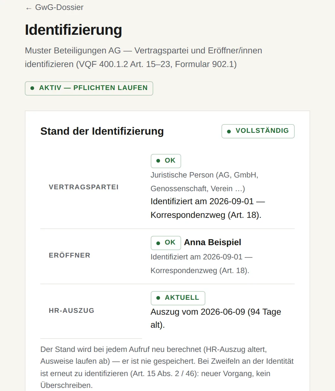 Ansicht Identifizierung einer Gesellschaft mit erfundenen Testdaten: Vertragspartei, Eröffnerin und Handelsregisterauszug je mit Status