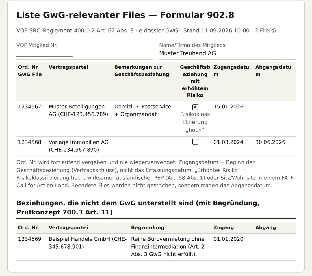 Liste GwG-relevanter Files nach Formular 902.8 mit erfundenen Gesellschaften