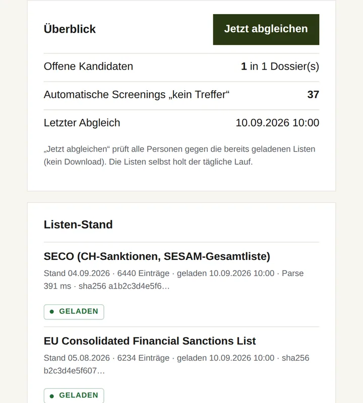 Überblick Sanktionsabgleich mit Listenstand SECO, EU und UN