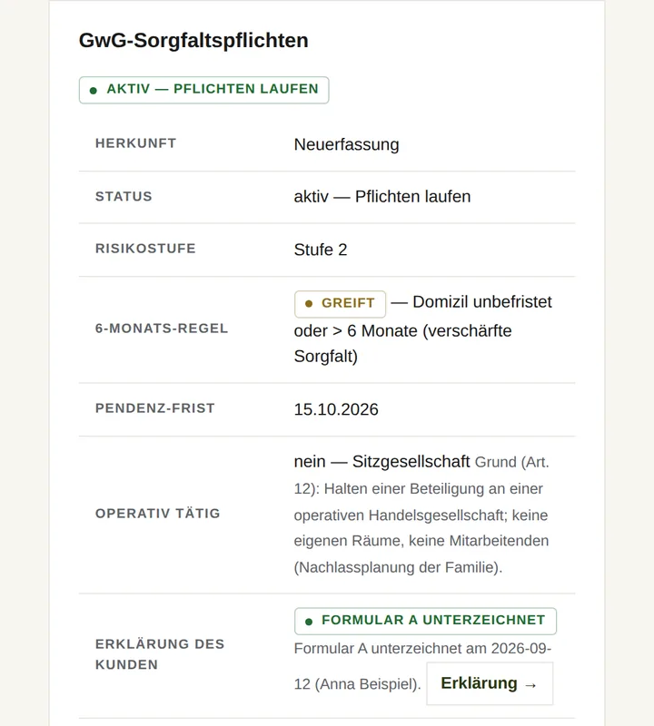 Ansicht GwG-Sorgfaltspflichten mit Status, Risikostufe und begründeter Einstufung als Sitzgesellschaft