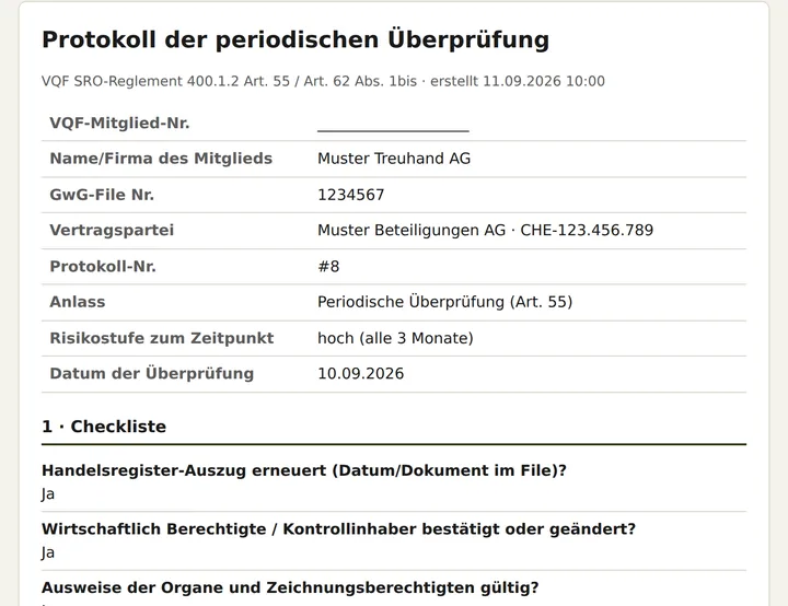 Protokoll der periodischen Überprüfung mit Checkliste